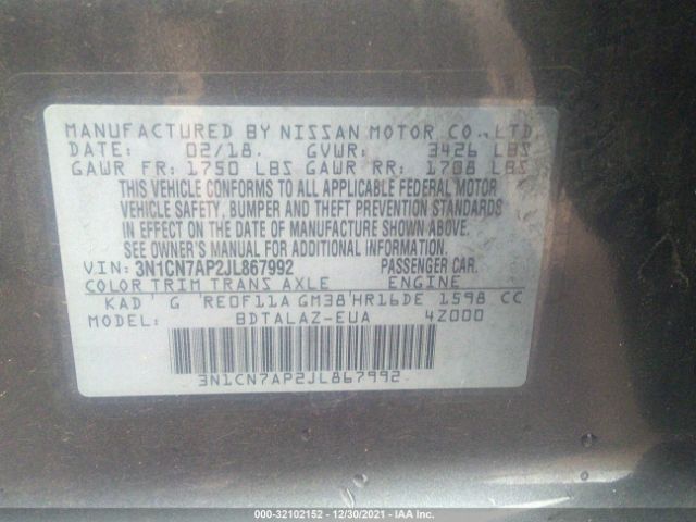 Photo 8 VIN: 3N1CN7AP2JL867992 - NISSAN VERSA SEDAN 