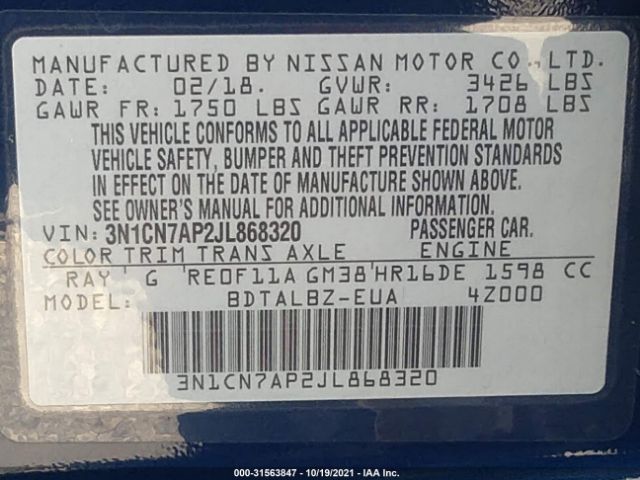 Photo 8 VIN: 3N1CN7AP2JL868320 - NISSAN VERSA SEDAN 