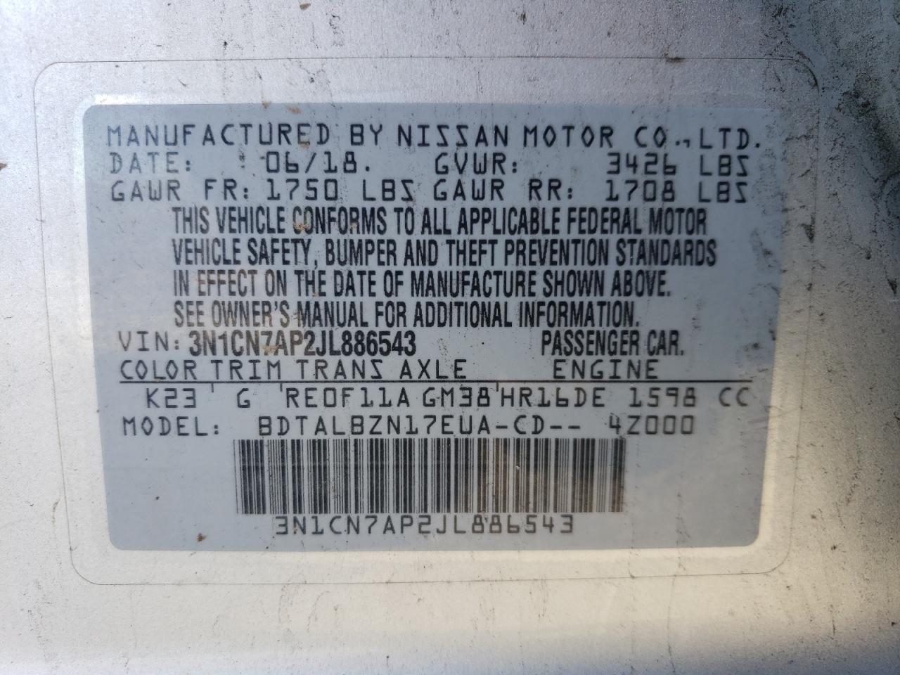 Photo 11 VIN: 3N1CN7AP2JL886543 - NISSAN VERSA 