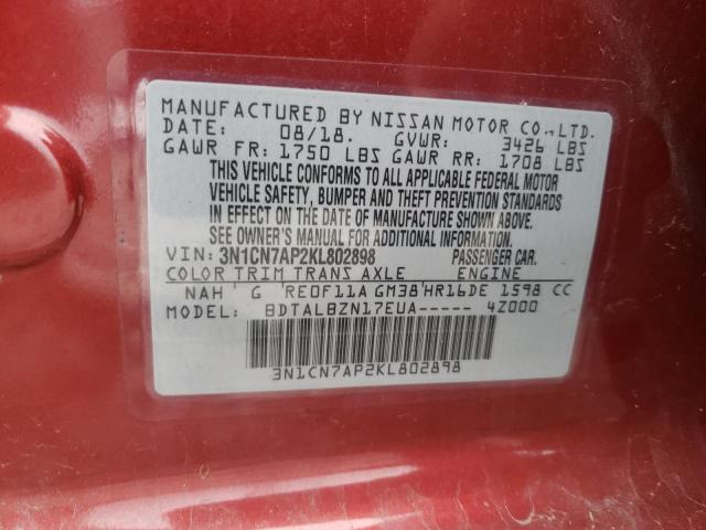 Photo 11 VIN: 3N1CN7AP2KL802898 - NISSAN VERSA S 