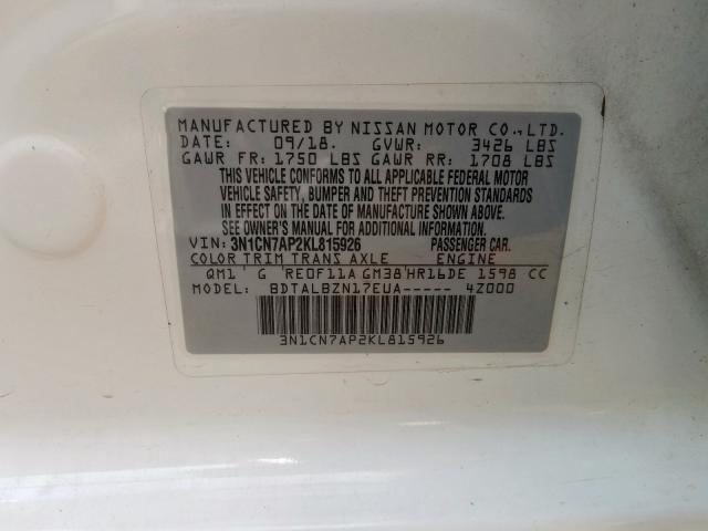 Photo 9 VIN: 3N1CN7AP2KL815926 - NISSAN VERSA 