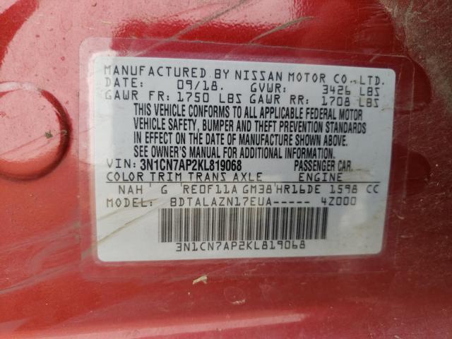 Photo 9 VIN: 3N1CN7AP2KL819068 - NISSAN VERSA S 