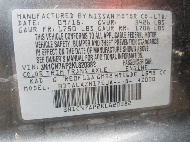 Photo 9 VIN: 3N1CN7AP2KL820382 - NISSAN VERSA S 