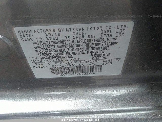 Photo 8 VIN: 3N1CN7AP2KL822746 - NISSAN VERSA SEDAN 