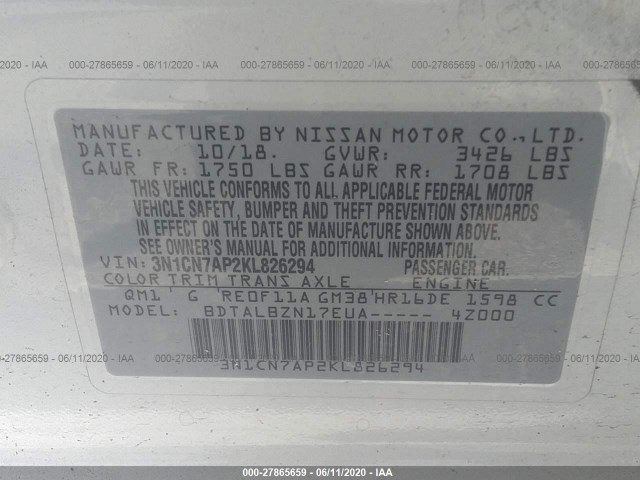 Photo 8 VIN: 3N1CN7AP2KL826294 - NISSAN VERSA SEDAN 