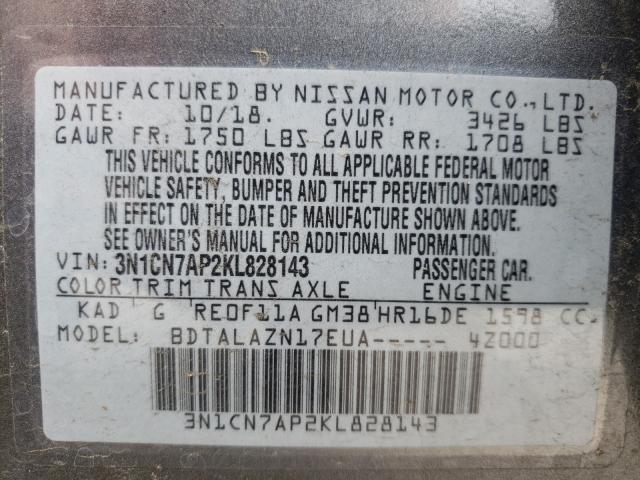 Photo 9 VIN: 3N1CN7AP2KL828143 - NISSAN VERSA S 