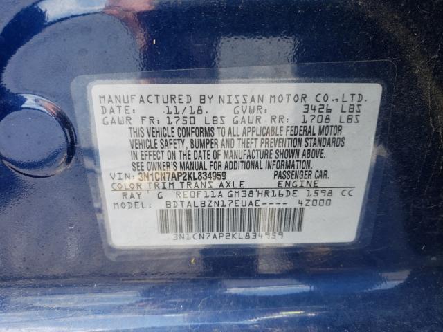 Photo 9 VIN: 3N1CN7AP2KL834959 - NISSAN VERSA S 