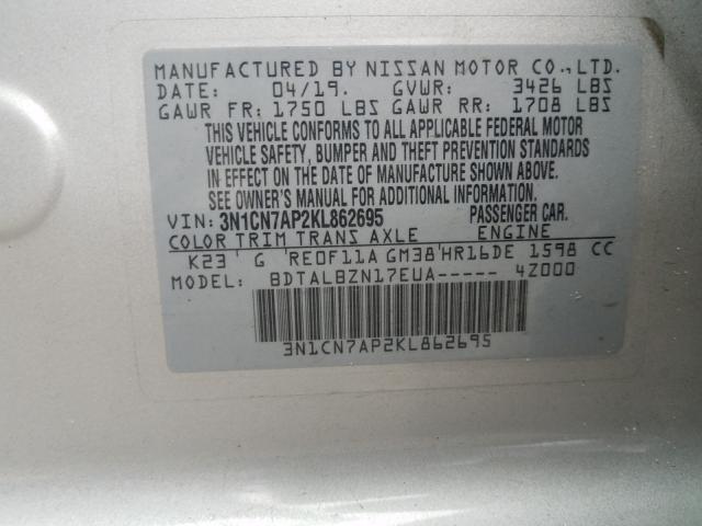 Photo 9 VIN: 3N1CN7AP2KL862695 - NISSAN VERSA S 