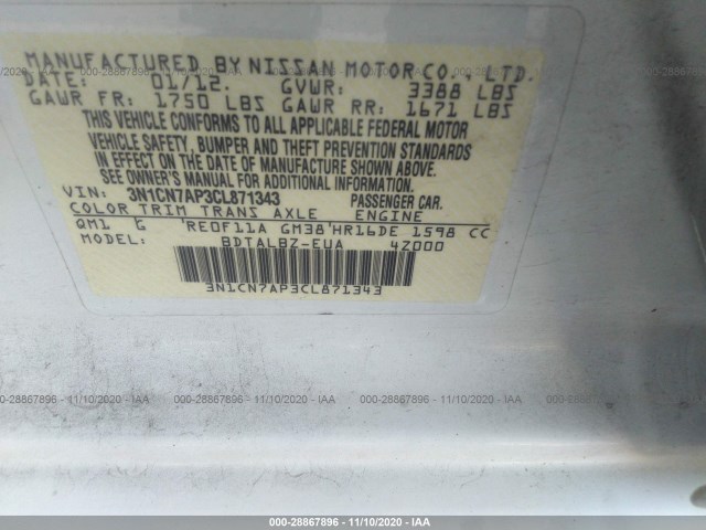 Photo 8 VIN: 3N1CN7AP3CL871343 - NISSAN VERSA 