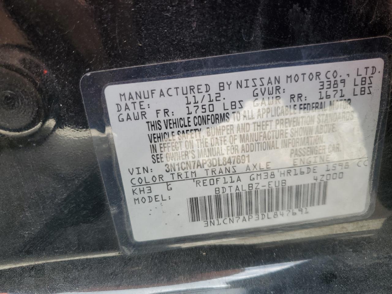 Photo 11 VIN: 3N1CN7AP3DL847691 - NISSAN VERSA 