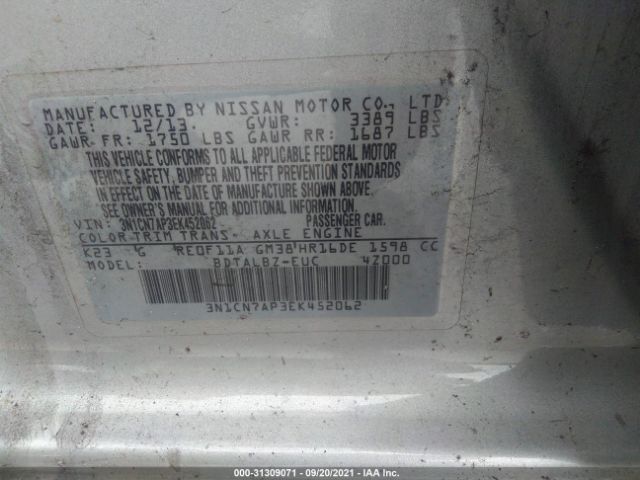 Photo 8 VIN: 3N1CN7AP3EK452062 - NISSAN VERSA 