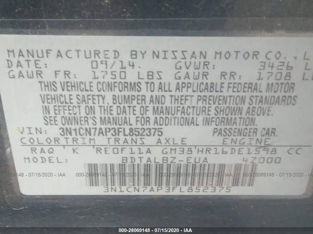 Photo 8 VIN: 3N1CN7AP3FL852375 - NISSAN VERSA 