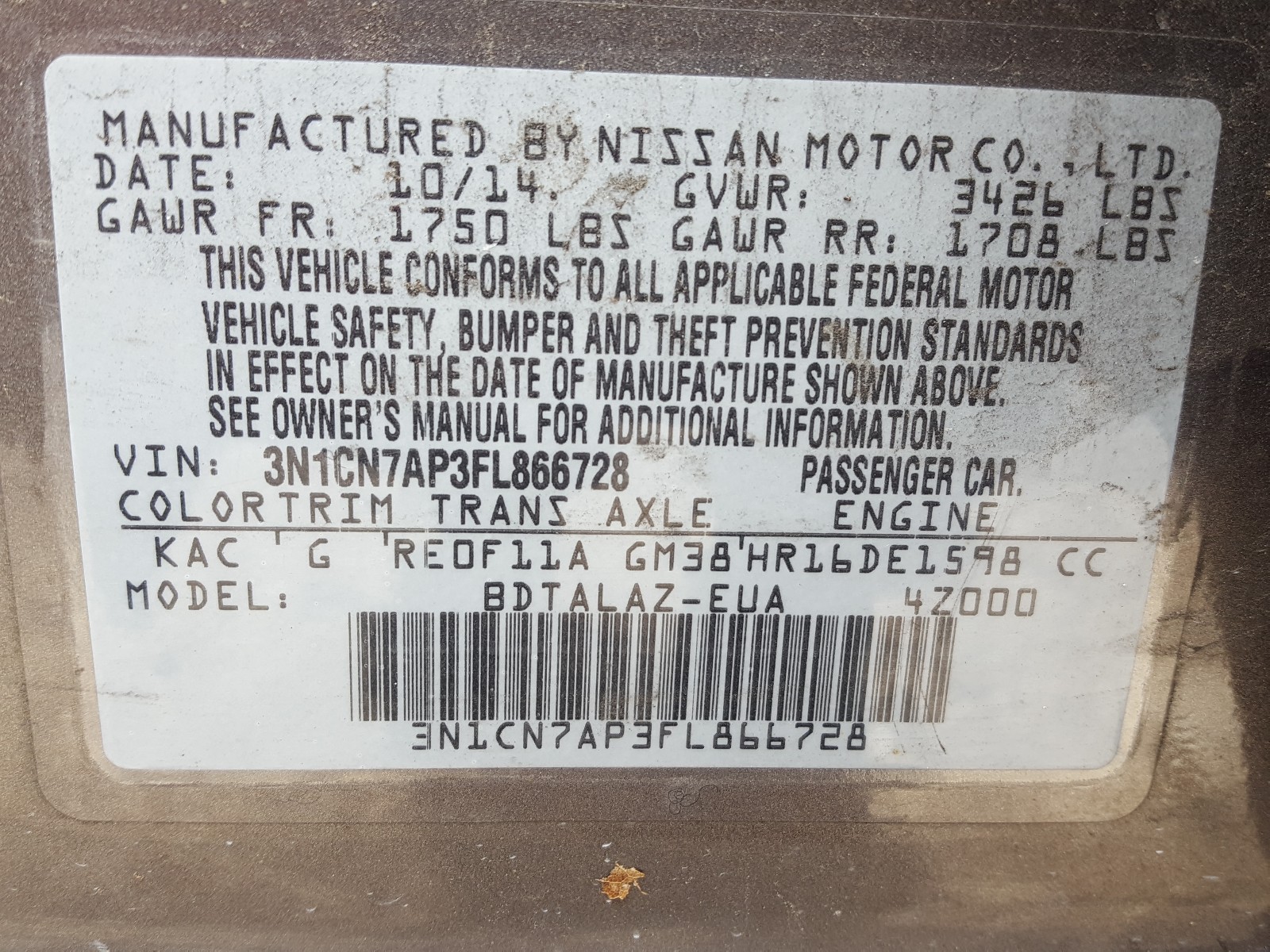 Photo 9 VIN: 3N1CN7AP3FL866728 - NISSAN VERSA 