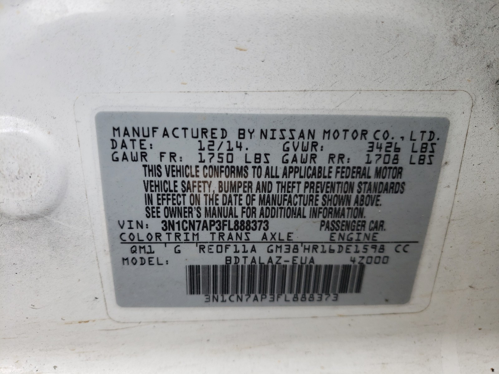 Photo 9 VIN: 3N1CN7AP3FL888373 - NISSAN VERSA S 