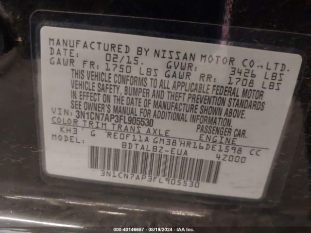 Photo 8 VIN: 3N1CN7AP3FL905530 - NISSAN VERSA 