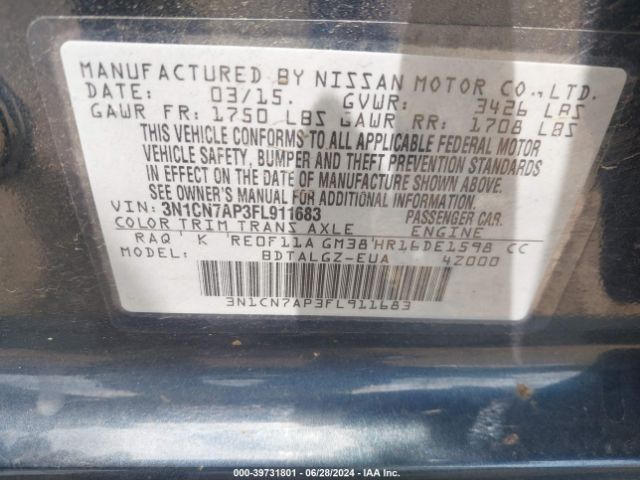 Photo 8 VIN: 3N1CN7AP3FL911683 - NISSAN VERSA 