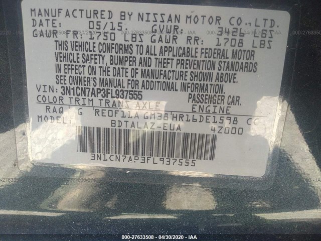 Photo 8 VIN: 3N1CN7AP3FL937555 - NISSAN VERSA 