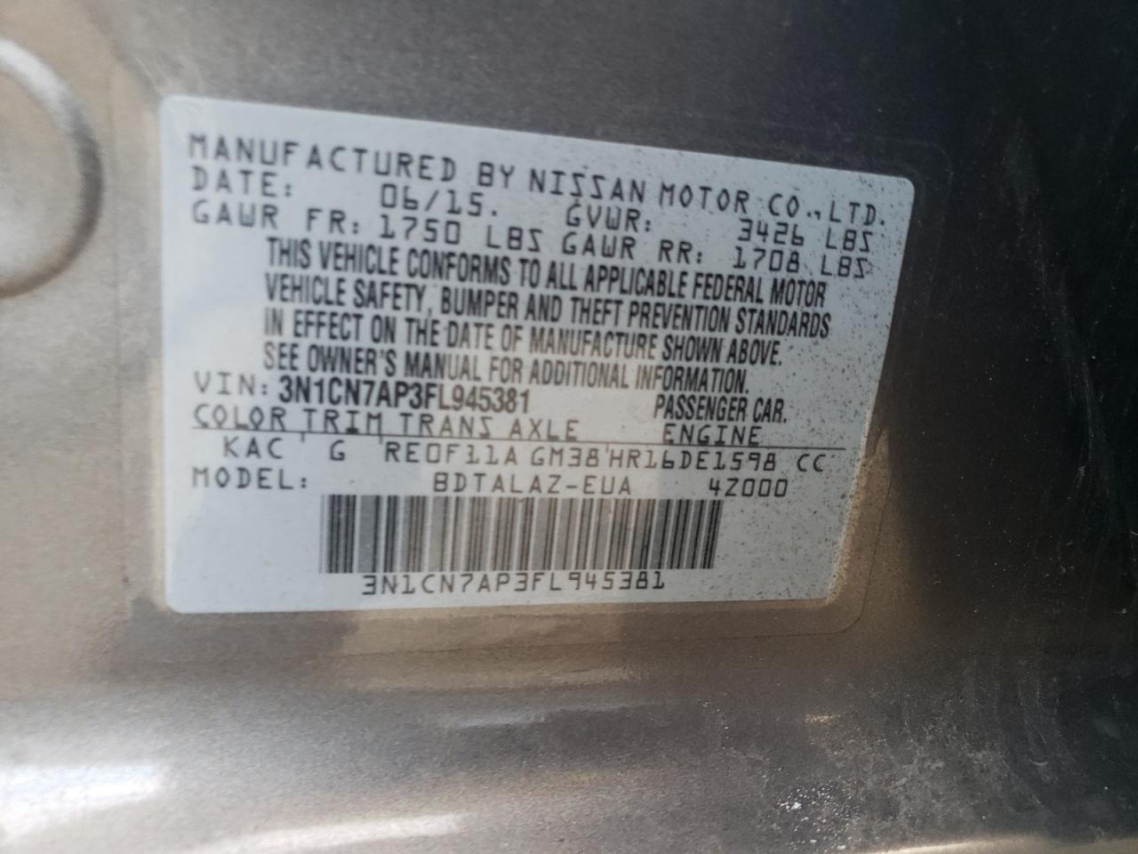 Photo 11 VIN: 3N1CN7AP3FL945381 - NISSAN VERSA 