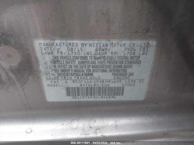 Photo 8 VIN: 3N1CN7AP3GL816896 - NISSAN VERSA 