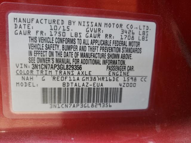 Photo 9 VIN: 3N1CN7AP3GL829356 - NISSAN VERSA S 