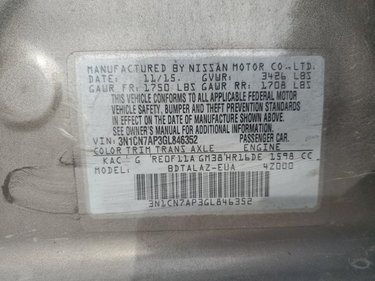 Photo 12 VIN: 3N1CN7AP3GL846352 - NISSAN VERSA 