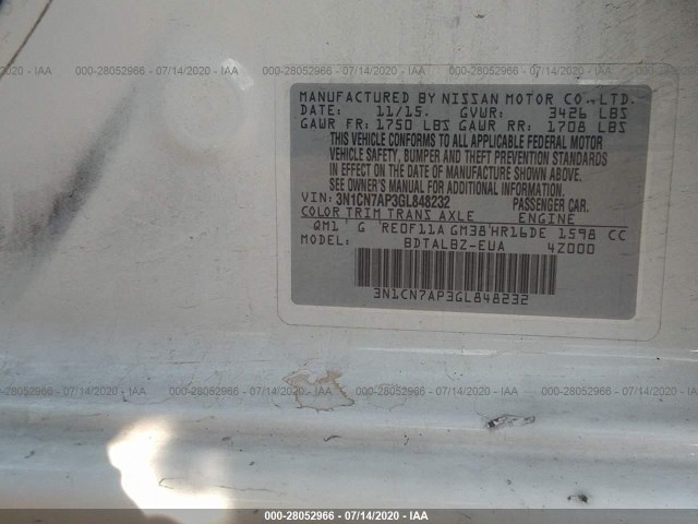 Photo 8 VIN: 3N1CN7AP3GL848232 - NISSAN VERSA 