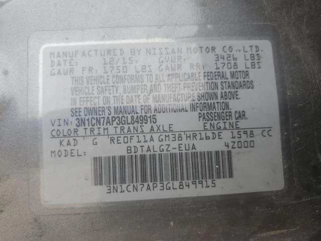 Photo 11 VIN: 3N1CN7AP3GL849915 - NISSAN VERSA S 