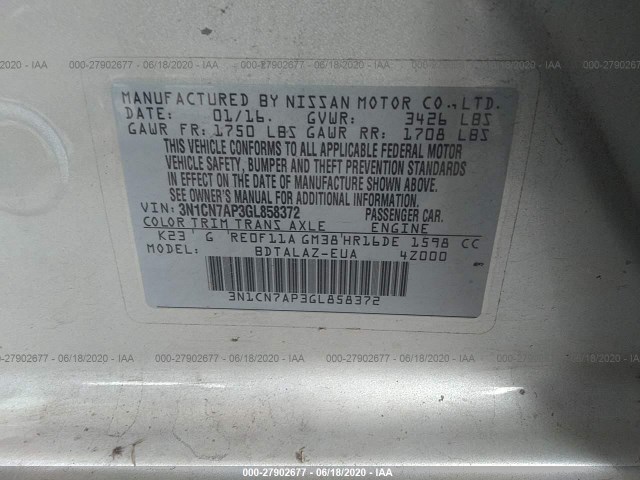 Photo 8 VIN: 3N1CN7AP3GL858372 - NISSAN VERSA 