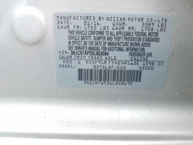 Photo 9 VIN: 3N1CN7AP3GL858694 - NISSAN VERSA S 