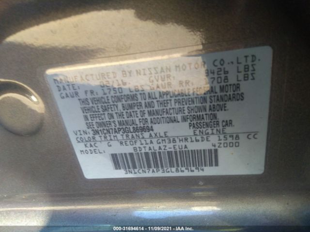 Photo 8 VIN: 3N1CN7AP3GL869694 - NISSAN VERSA 