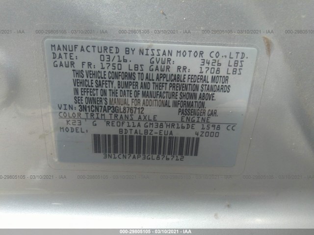 Photo 8 VIN: 3N1CN7AP3GL876712 - NISSAN VERSA 