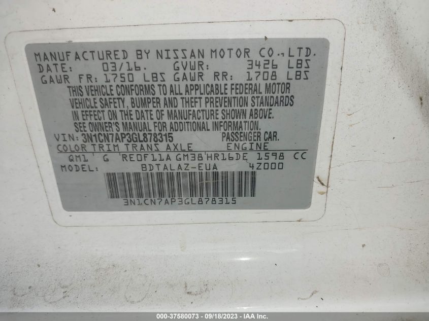 Photo 8 VIN: 3N1CN7AP3GL878315 - NISSAN VERSA 