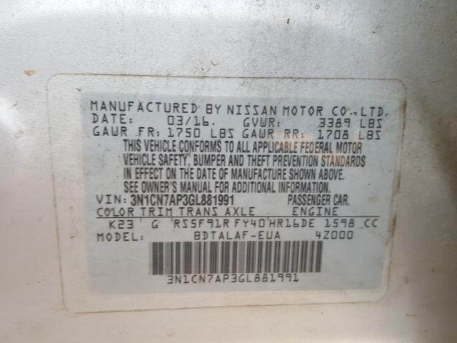 Photo 9 VIN: 3N1CN7AP3GL881991 - NISSAN VERSA S 