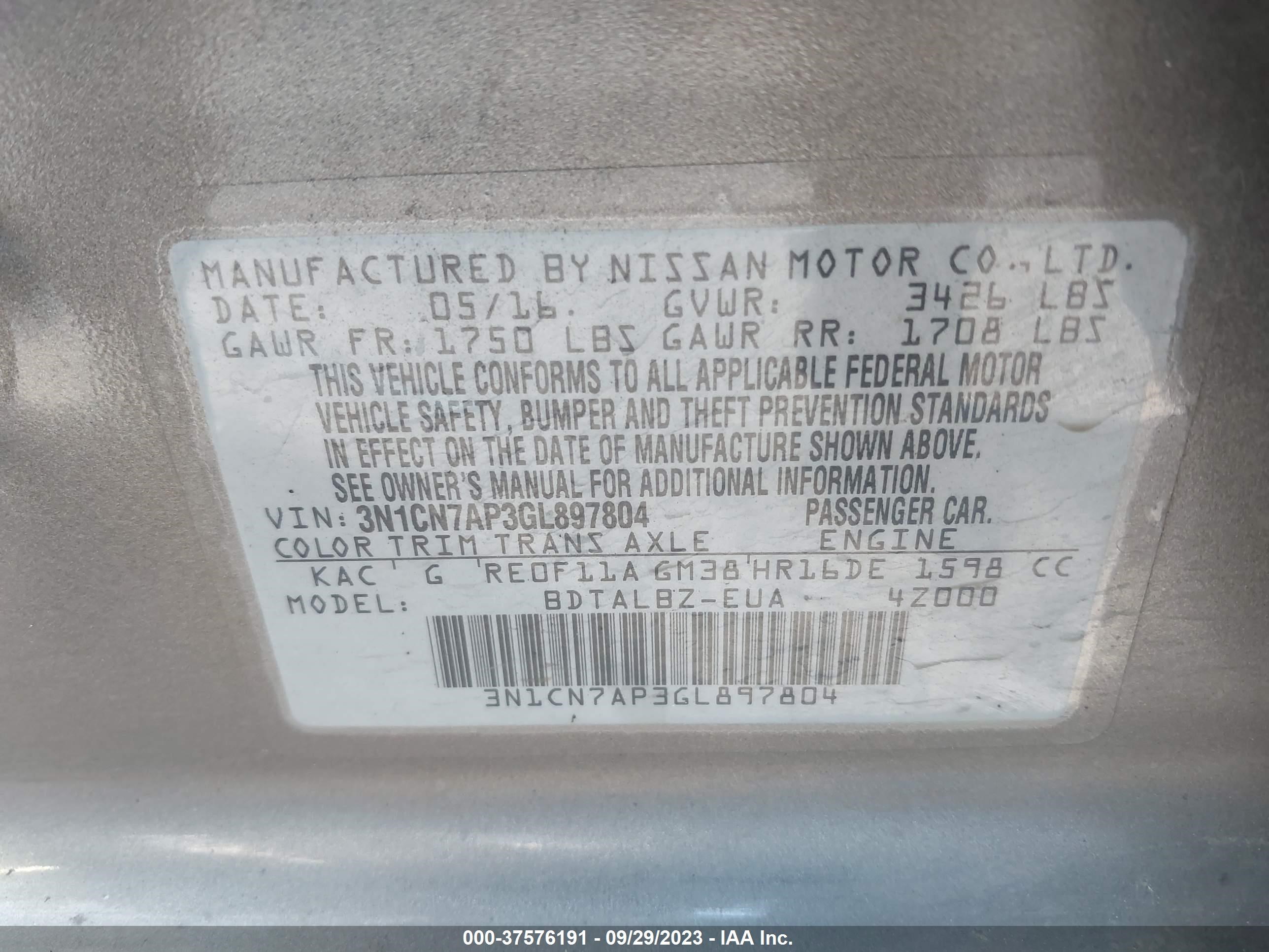 Photo 8 VIN: 3N1CN7AP3GL897804 - NISSAN VERSA 