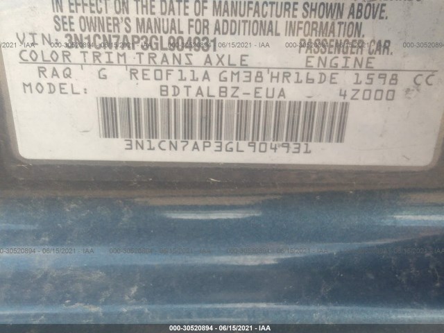 Photo 8 VIN: 3N1CN7AP3GL904931 - NISSAN VERSA 