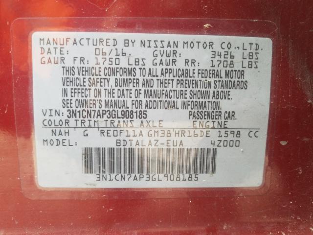 Photo 9 VIN: 3N1CN7AP3GL908185 - NISSAN VERSA S 