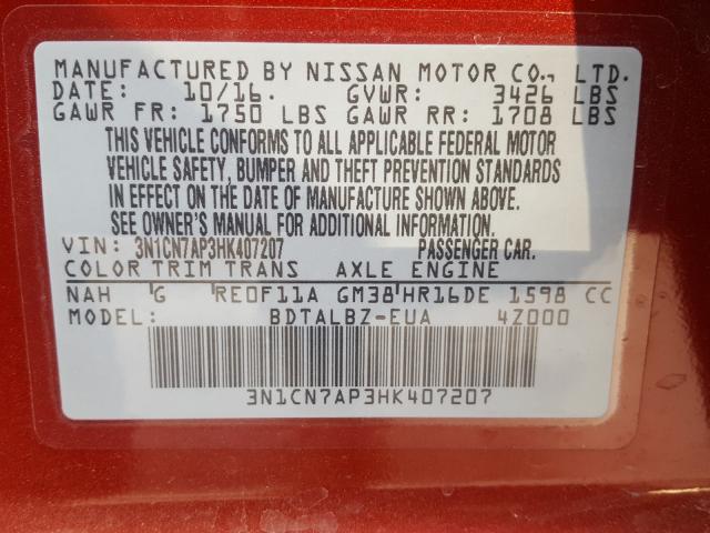 Photo 9 VIN: 3N1CN7AP3HK407207 - NISSAN VERSA S 