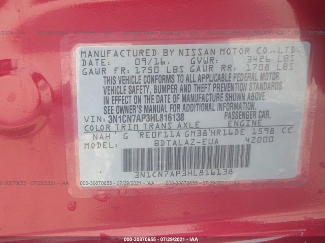 Photo 8 VIN: 3N1CN7AP3HL816138 - NISSAN VERSA SEDAN 