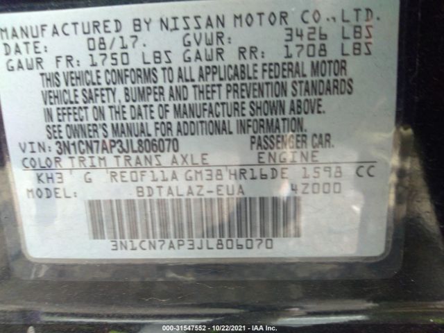 Photo 8 VIN: 3N1CN7AP3JL806070 - NISSAN VERSA SEDAN 