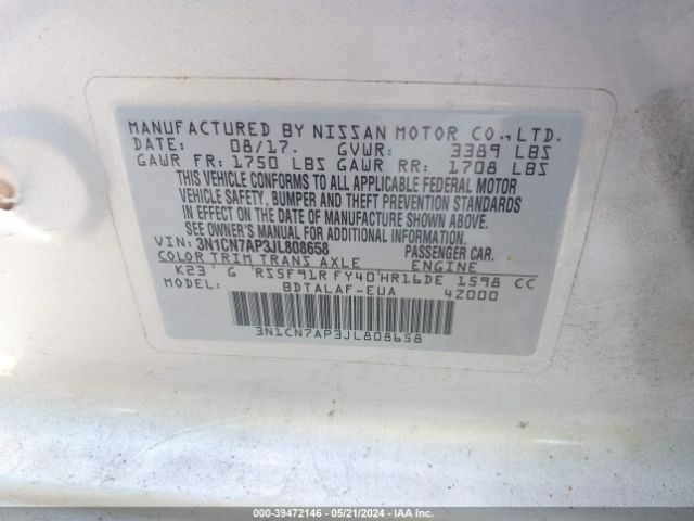 Photo 8 VIN: 3N1CN7AP3JL808658 - NISSAN VERSA 