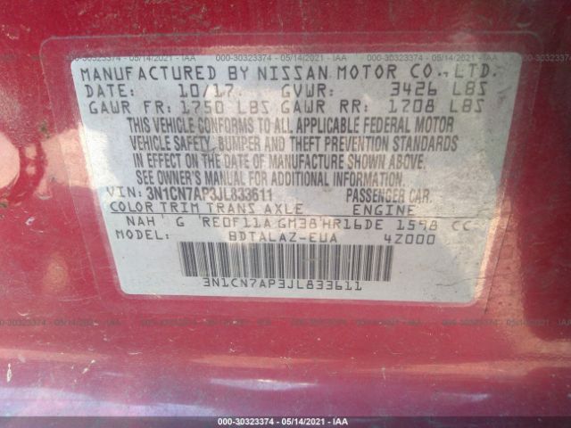 Photo 8 VIN: 3N1CN7AP3JL833611 - NISSAN VERSA SEDAN 