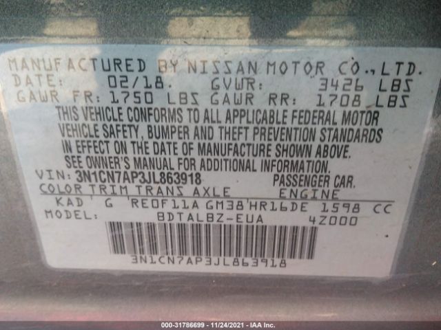 Photo 8 VIN: 3N1CN7AP3JL863918 - NISSAN VERSA SEDAN 