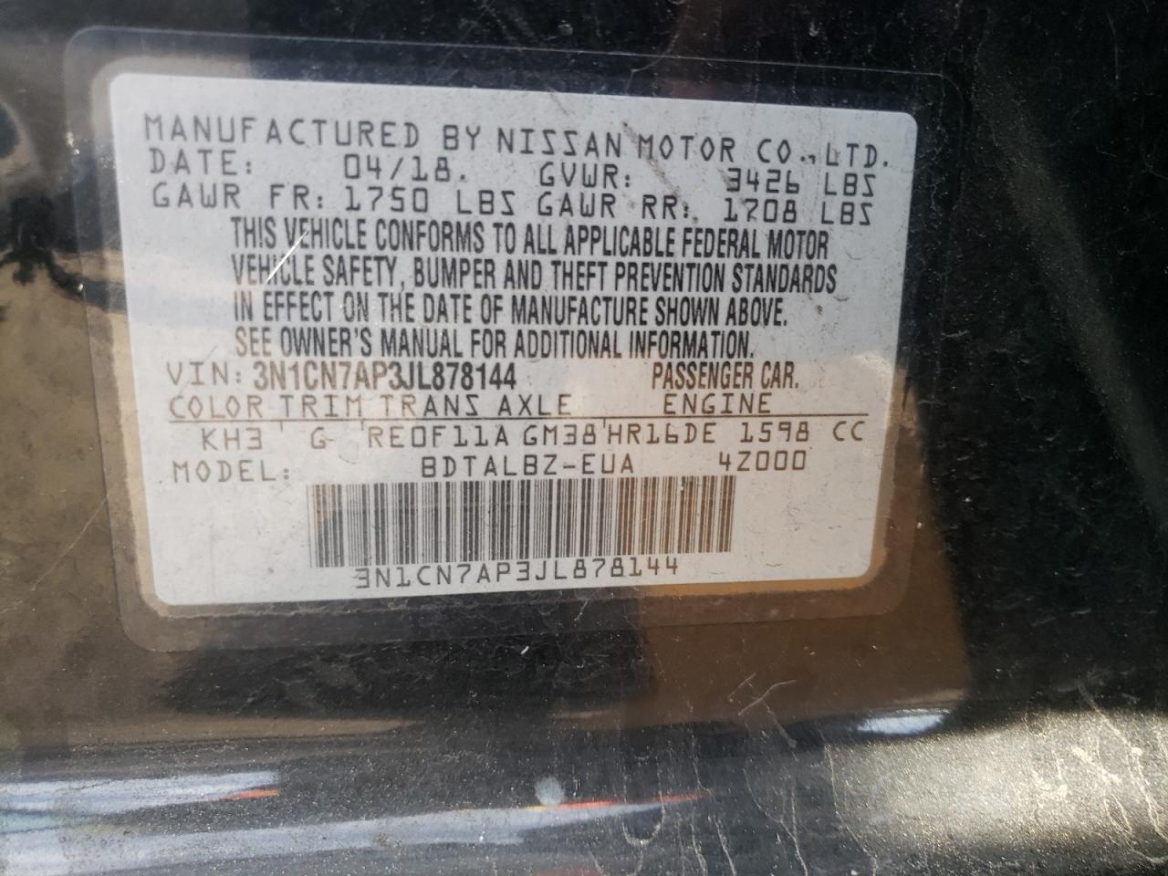 Photo 11 VIN: 3N1CN7AP3JL878144 - NISSAN VERSA 