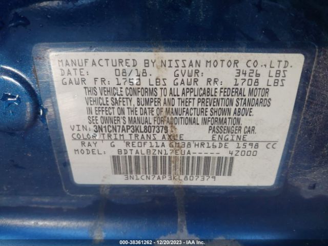 Photo 8 VIN: 3N1CN7AP3KL807379 - NISSAN VERSA 