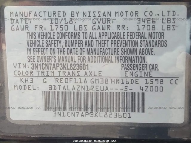 Photo 8 VIN: 3N1CN7AP3KL823601 - NISSAN VERSA SEDAN 