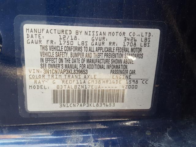 Photo 9 VIN: 3N1CN7AP3KL839653 - NISSAN VERSA S 