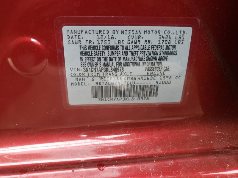 Photo 9 VIN: 3N1CN7AP3KL840978 - NISSAN VERSA S 