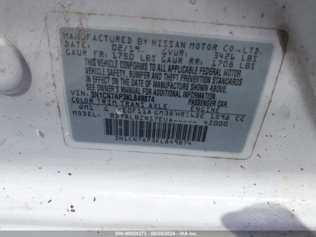 Photo 8 VIN: 3N1CN7AP3KL849874 - NISSAN VERSA 