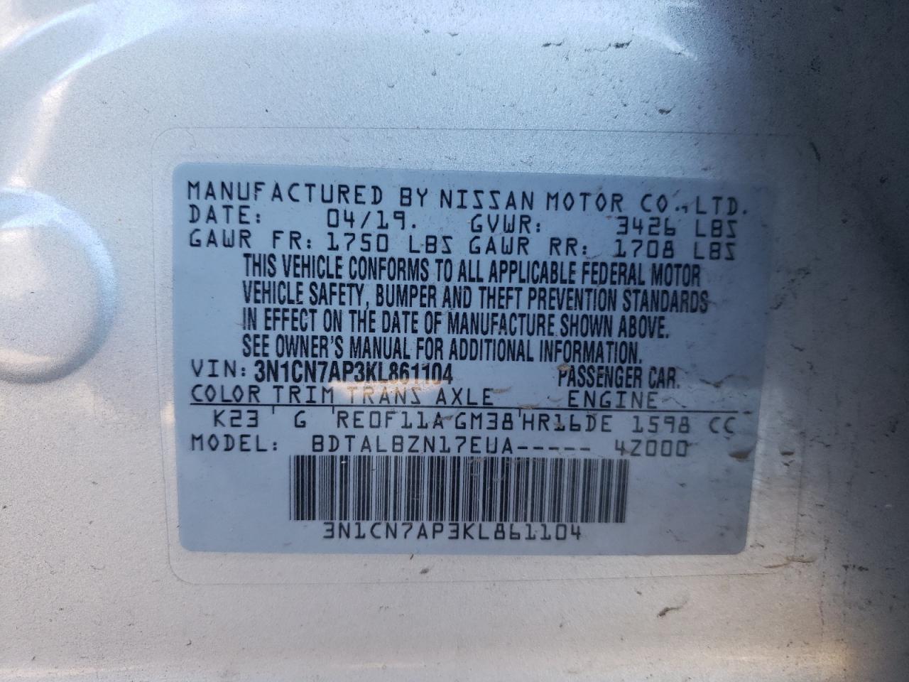 Photo 11 VIN: 3N1CN7AP3KL861104 - NISSAN VERSA 