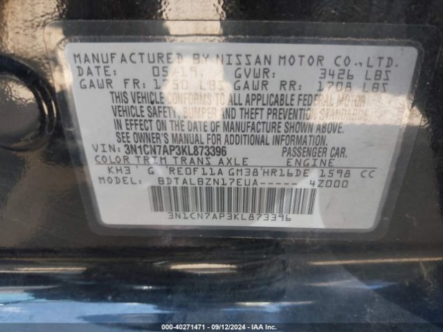 Photo 8 VIN: 3N1CN7AP3KL873396 - NISSAN VERSA 